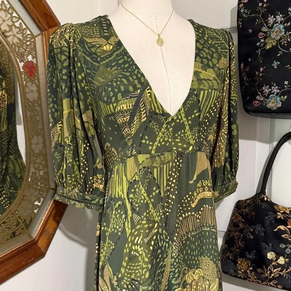 Farm Rio Dark Green & Yellow Tropical Floral Pattern Puff Sleeve Tiered Dress - Picture 2 of 8